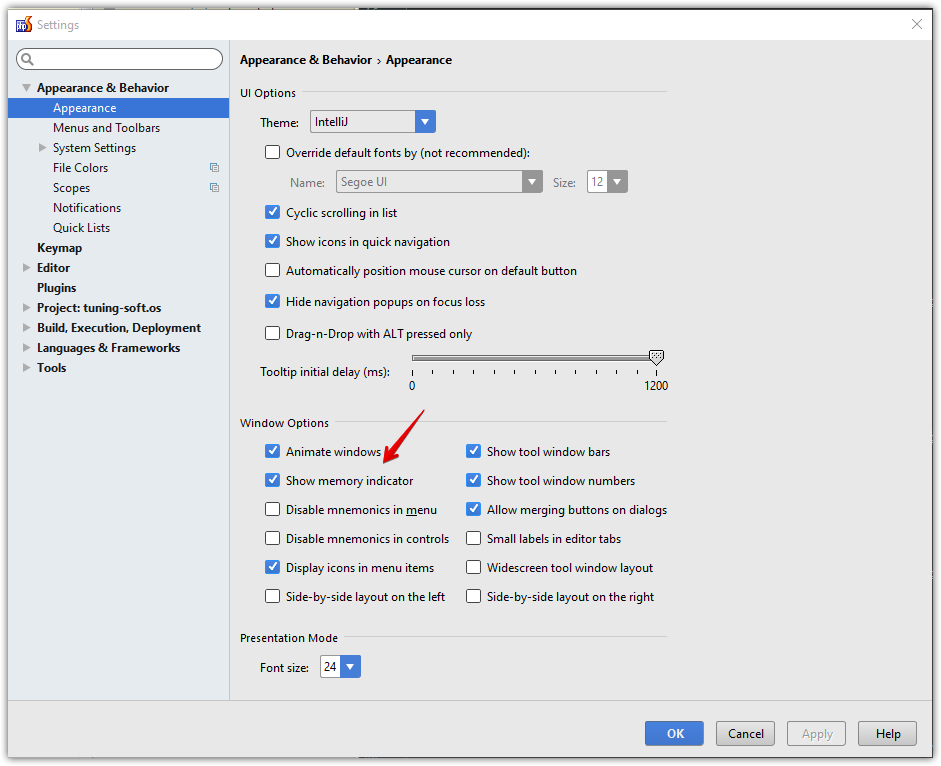 Show Memory Indicator PHP Storm